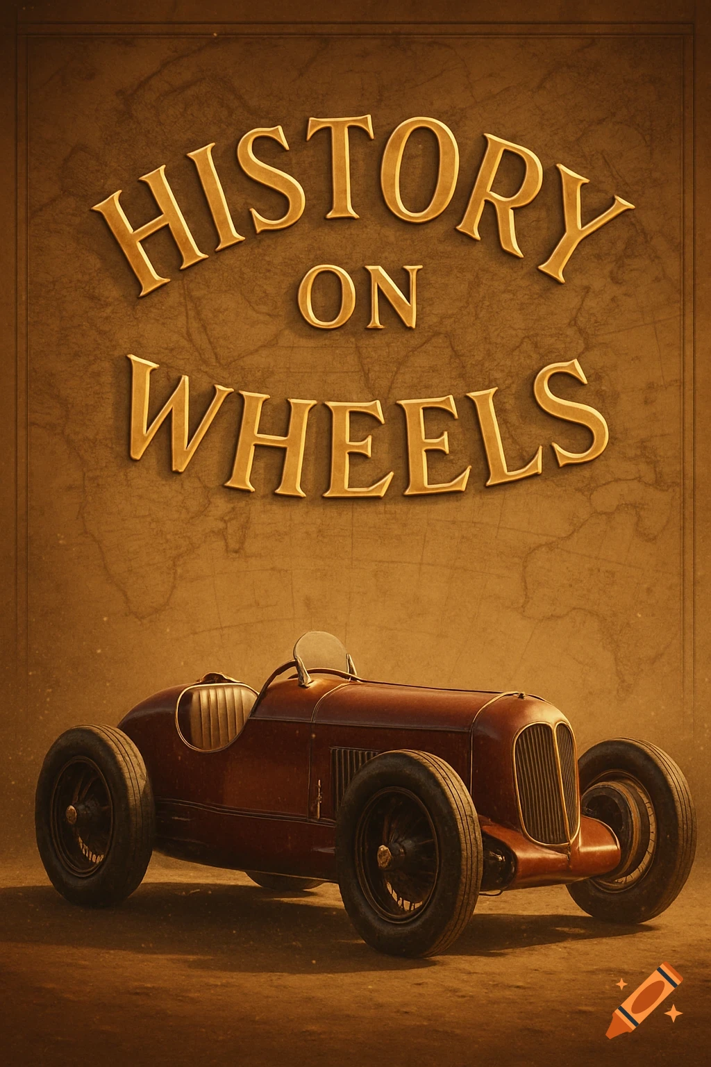 Vintage reddish-brown race car with golden, curved embossed text 'HISTORY ON WHEELS' on an aged map background.
