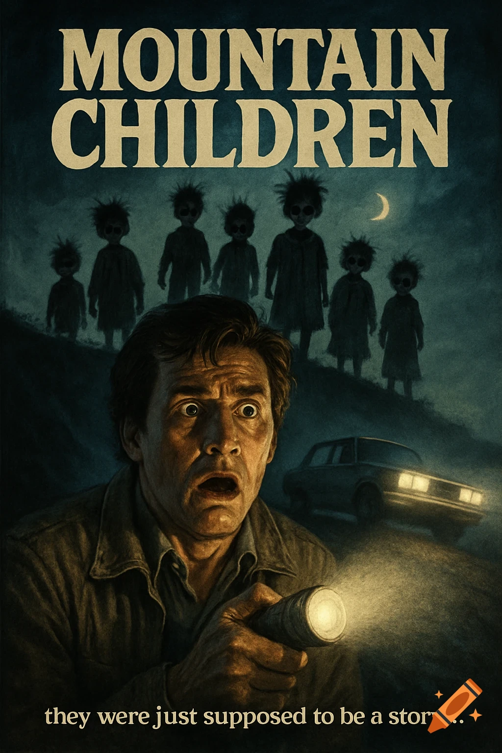 A vintage 1980s horror movie poster shows a terrified man holding a flashlight, with spooky child silhouettes on a hill behind him and a car.