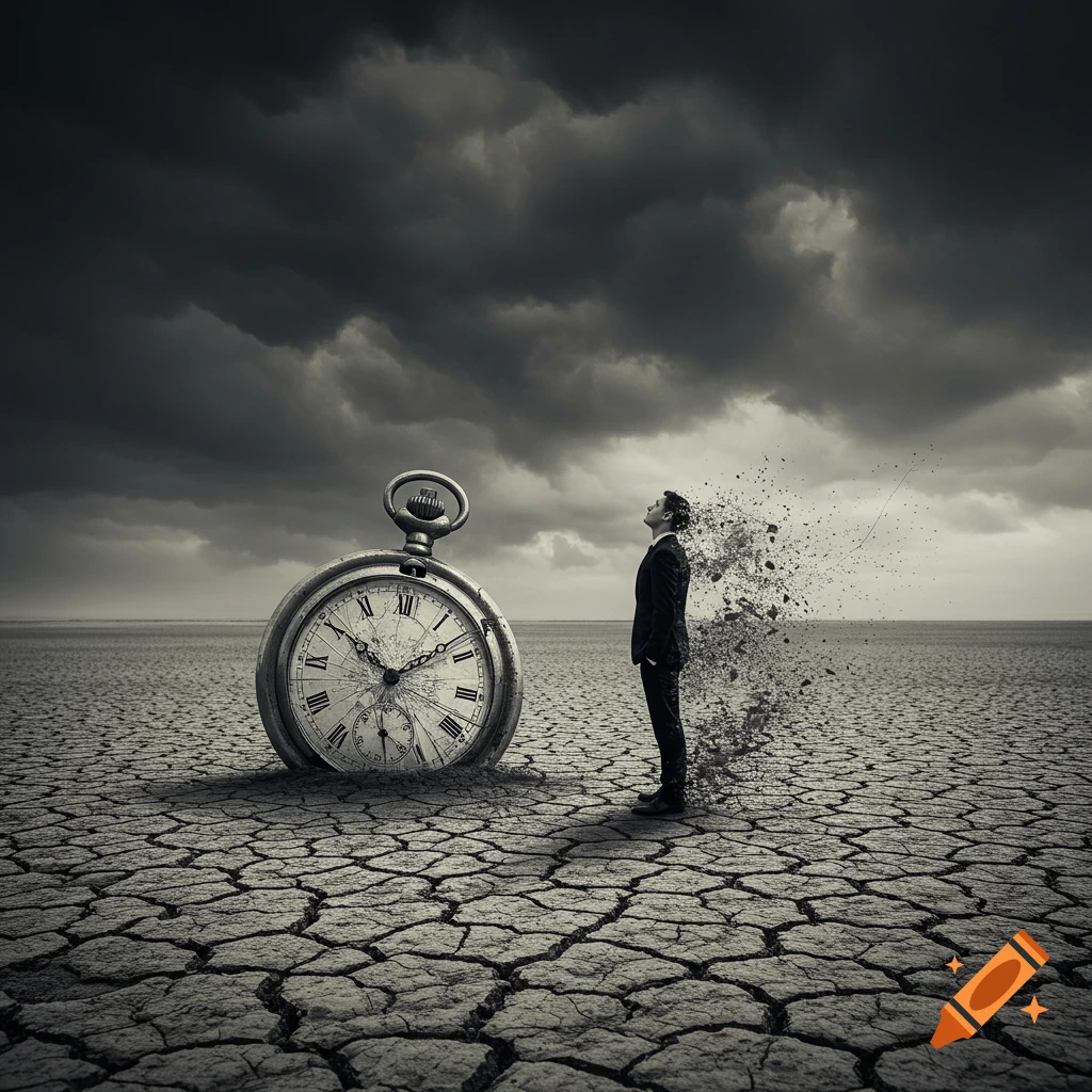 A man in a suit disintegrates into ash next to a giant, broken pocket watch on a cracked, dry lakebed under dark, stormy clouds.