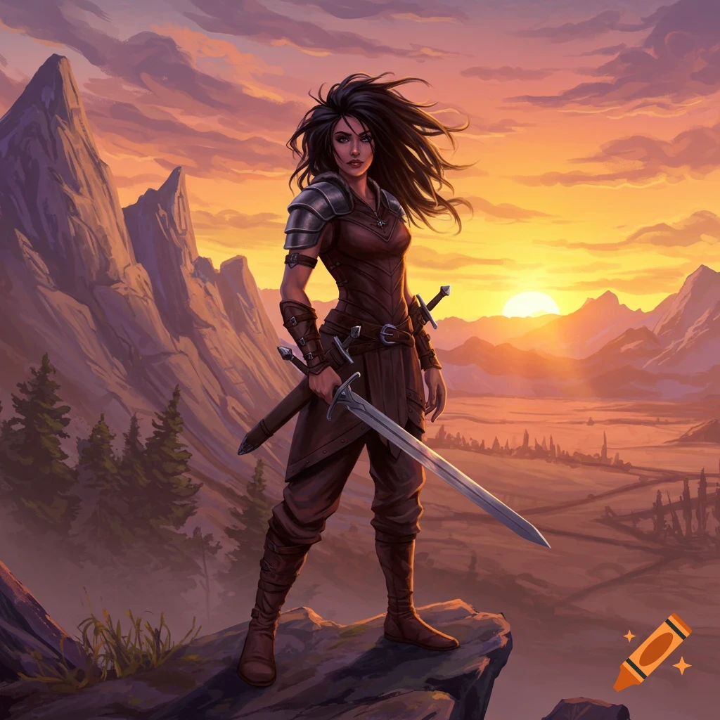 A fierce female warrior with dark hair and armor stands on a cliff, holding a sword, overlooking a valley at sunset.