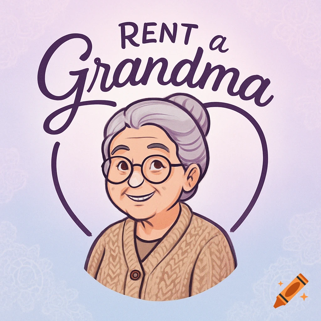 Cartoon logo: a smiling grandma in glasses and a knitted sweater, with text 'RENT a Grandma' above her.