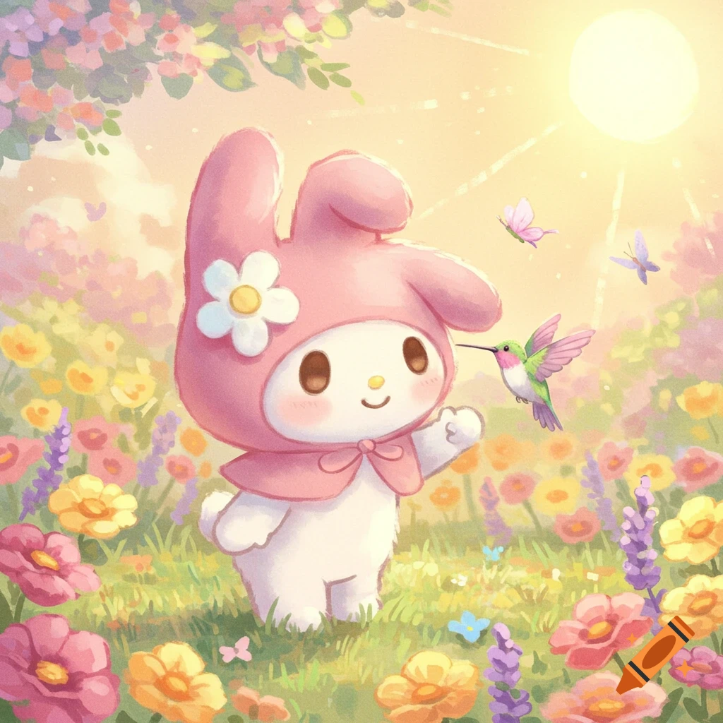 Cute illustration of My Melody, a pink bunny, standing in a sunny field of colorful flowers with a hummingbird and butterflies.