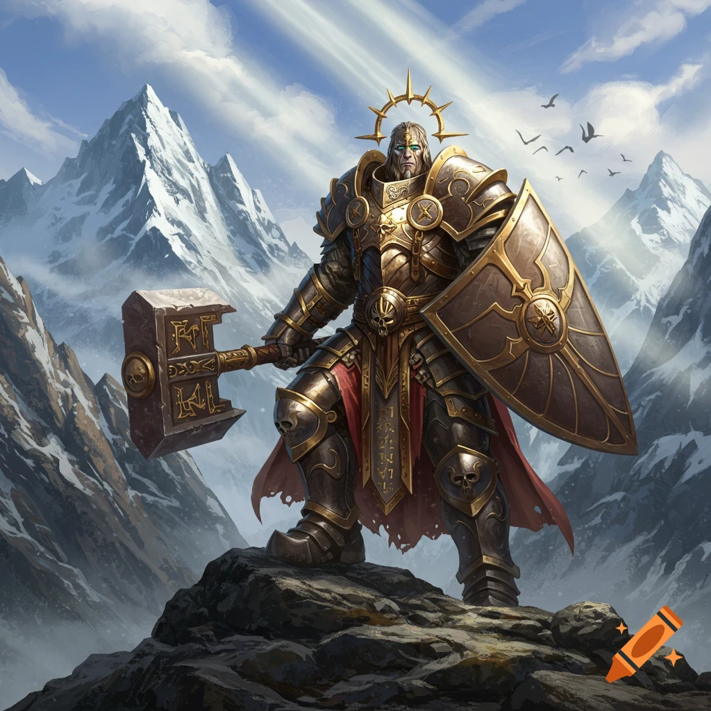 A majestic goliath war priest in ornate golden and dark armor, holding a large hammer and shield, stands atop a rocky mountain peak with snow-capped mountains in the background under a cloudy sky.