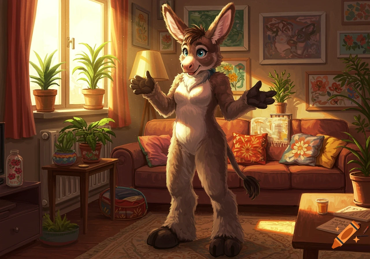 A smiling anthropomorphic donkey character with large ears stands in a sunlit apartment living room among plants, digital art.