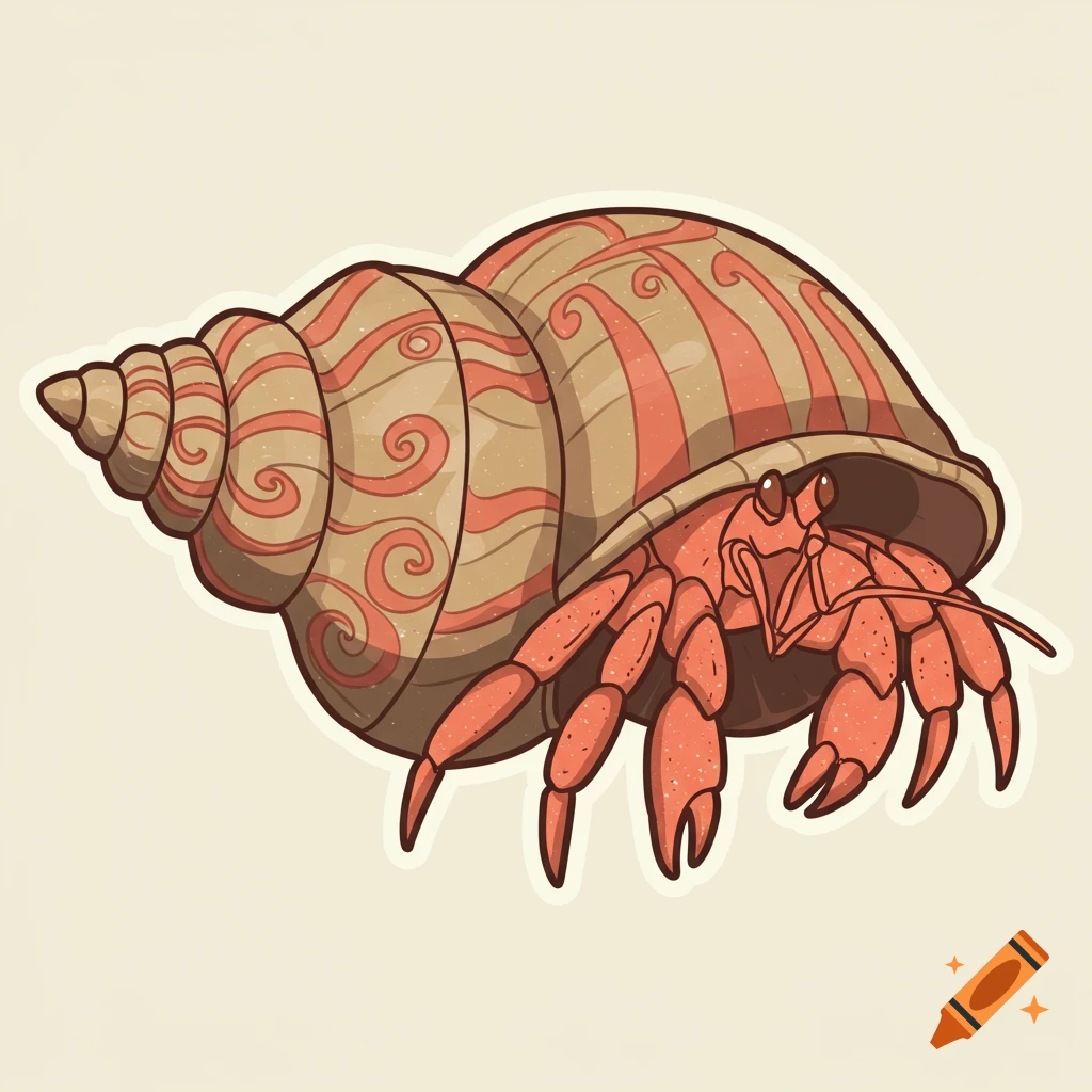 Stylized illustration of an orange hermit crab peeking from a brown and red patterned spiral shell.