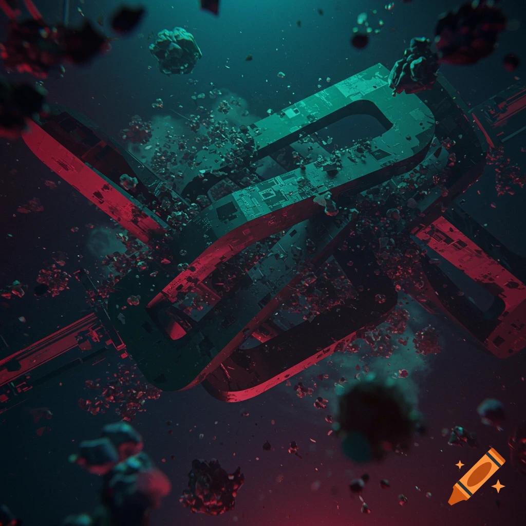 Abstract futuristic structures in dark space with teal and red lighting, surrounded by debris.