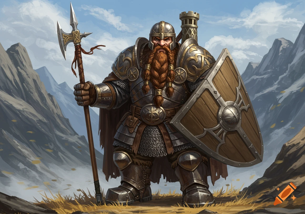 A heavily armored dwarf warrior with a braided beard stands with a spear and shield in a mountainous landscape, fantasy art.