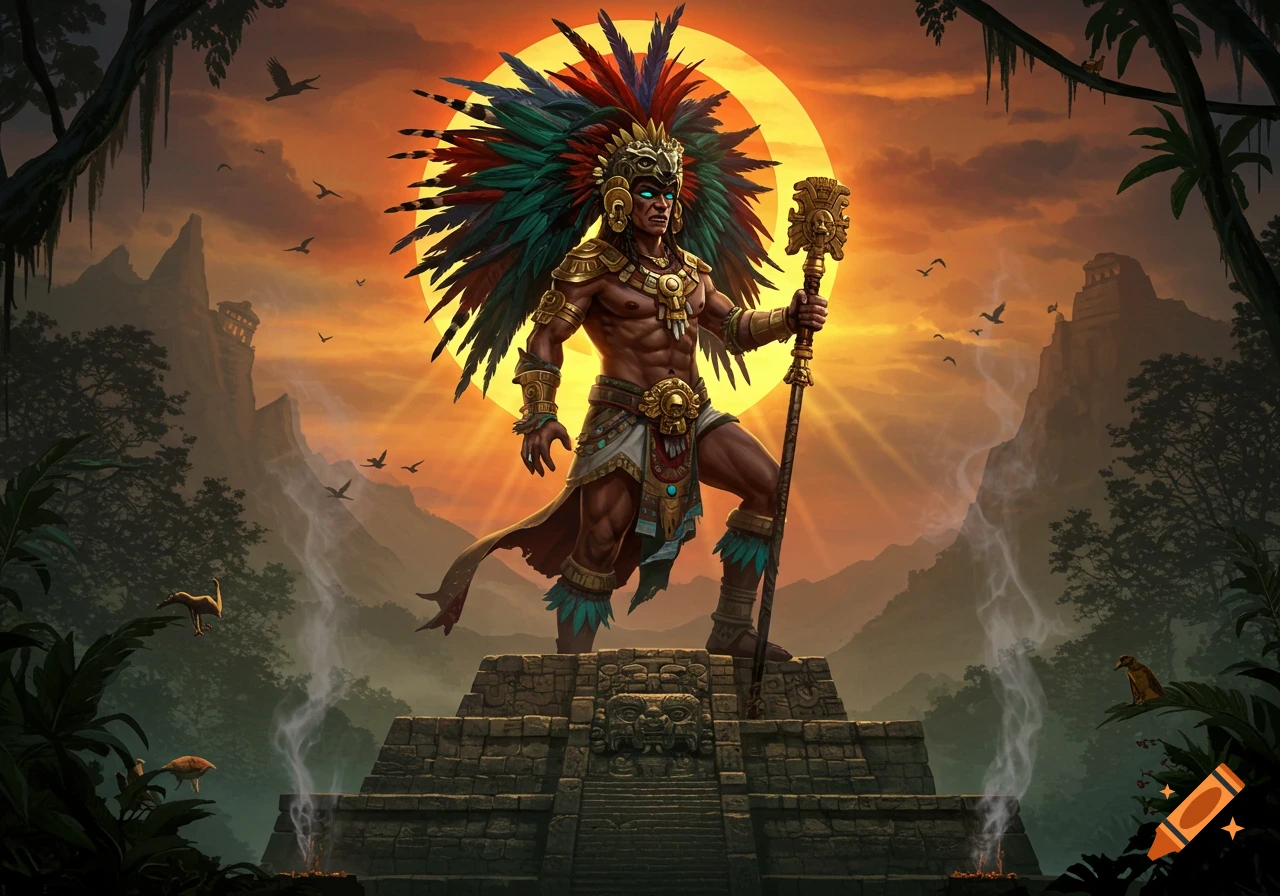 Powerful Aztec god with feathered headdress and ceremonial staff stands on a pyramid at sunset in a jungle setting, digital art.