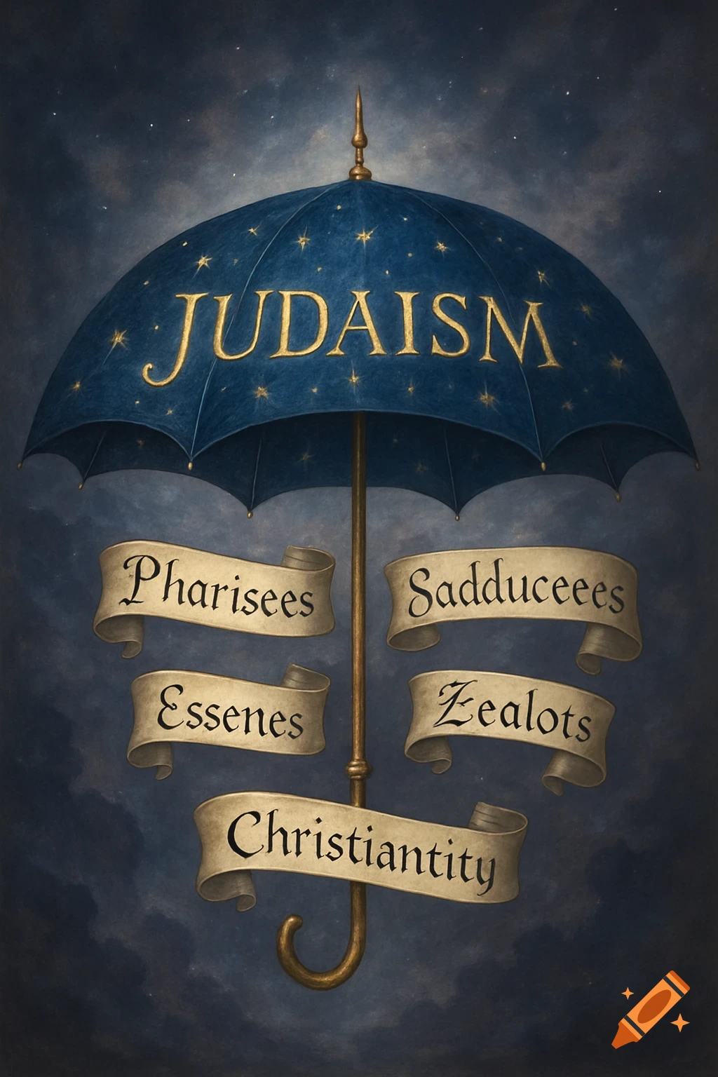 A conceptual illustration of a blue umbrella labeled "JUDAISM" with gold stars, shielding various golden banners beneath.