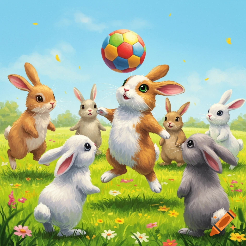 Multiple cute cartoon bunnies playing soccer with a colorful ball in a green field filled with flowers under a blue sky.