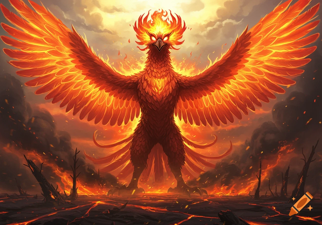 A majestic, fiery phoenix with outstretched, glowing wings stands in a burning, desolate landscape.