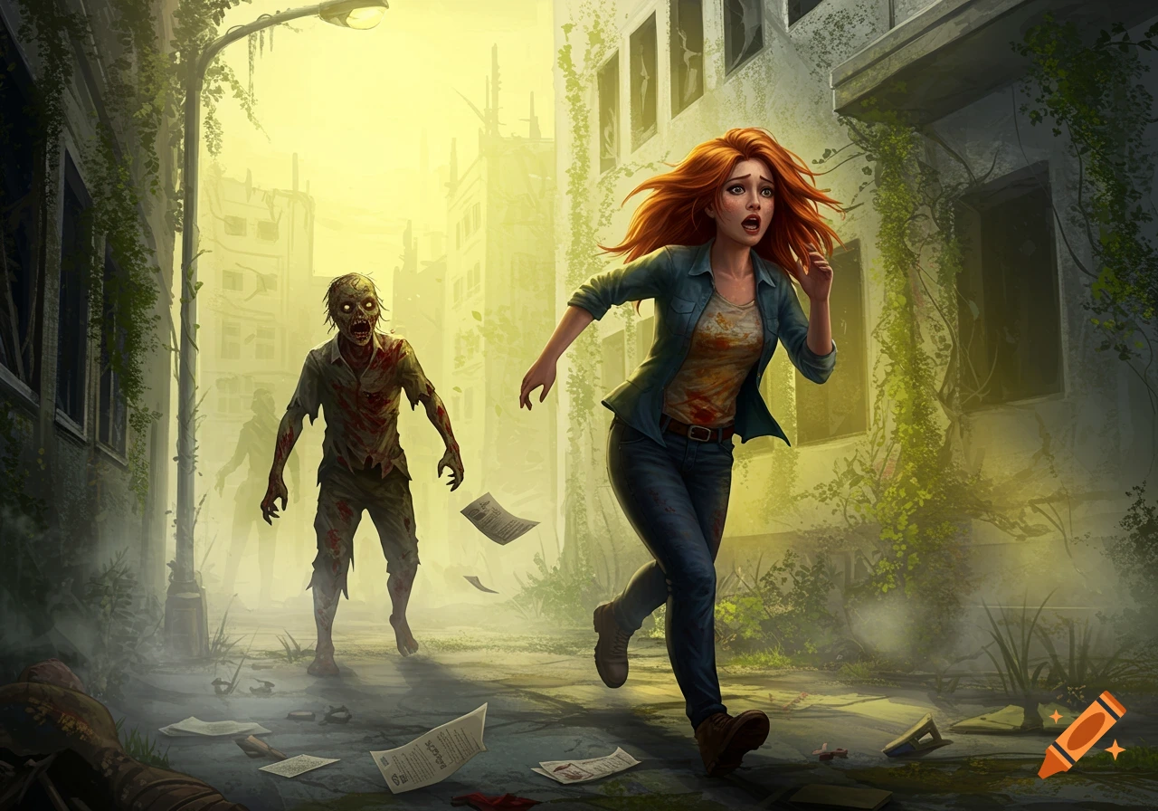 A ginger-haired woman runs in terror from a zombie in a ruined, overgrown city street, illustrated in a horror style.