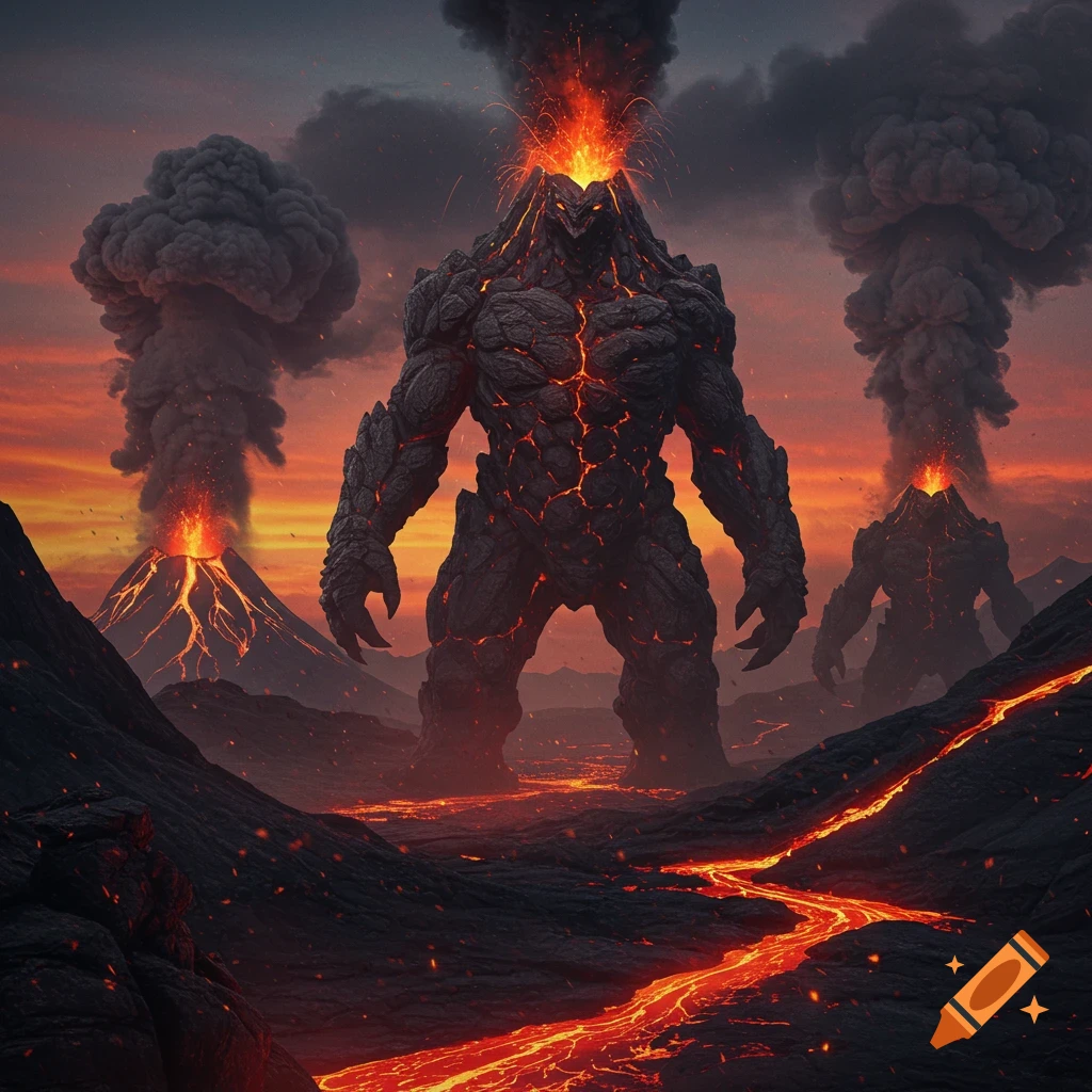 Giant rock and lava monsters stand among erupting volcanoes with flowing lava and smoke under a fiery sky.