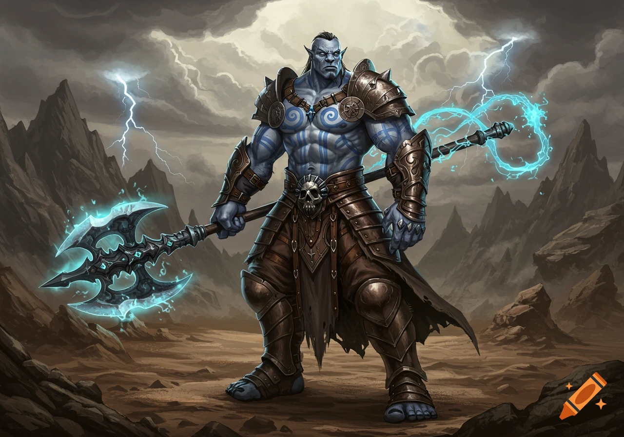 A powerful blue-skinned goliath warlock in detailed armor, wielding a glowing axe and staff amidst a stormy, mountainous landscape.