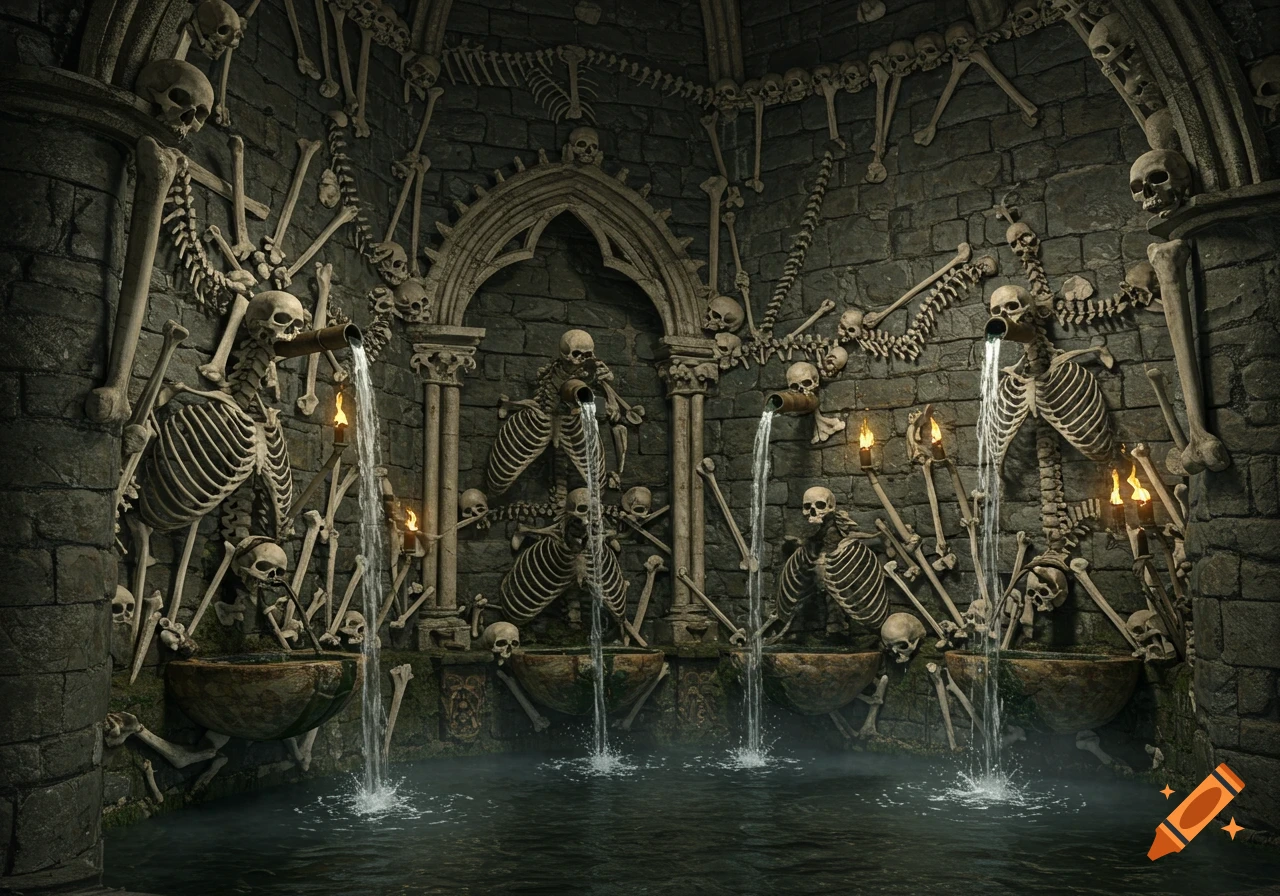 A dark, gothic castle interior with walls adorned with skeletal remains forming a waterfall system, with water flowing from skull-held pipes into basins and a pool below, lit by torches.