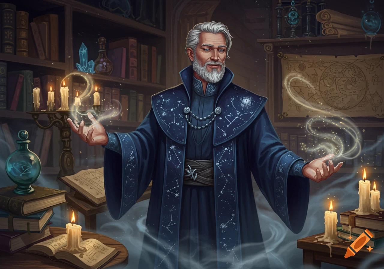 A middle-aged wizard with a white beard and blue robes adorned with constellations, casting glowing magic in a candlelit library.
