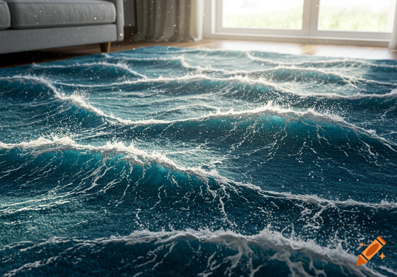 A photorealistic living room features a blue carpet intricately sculpted into frothy ocean waves, with a sofa and bright window in the background.