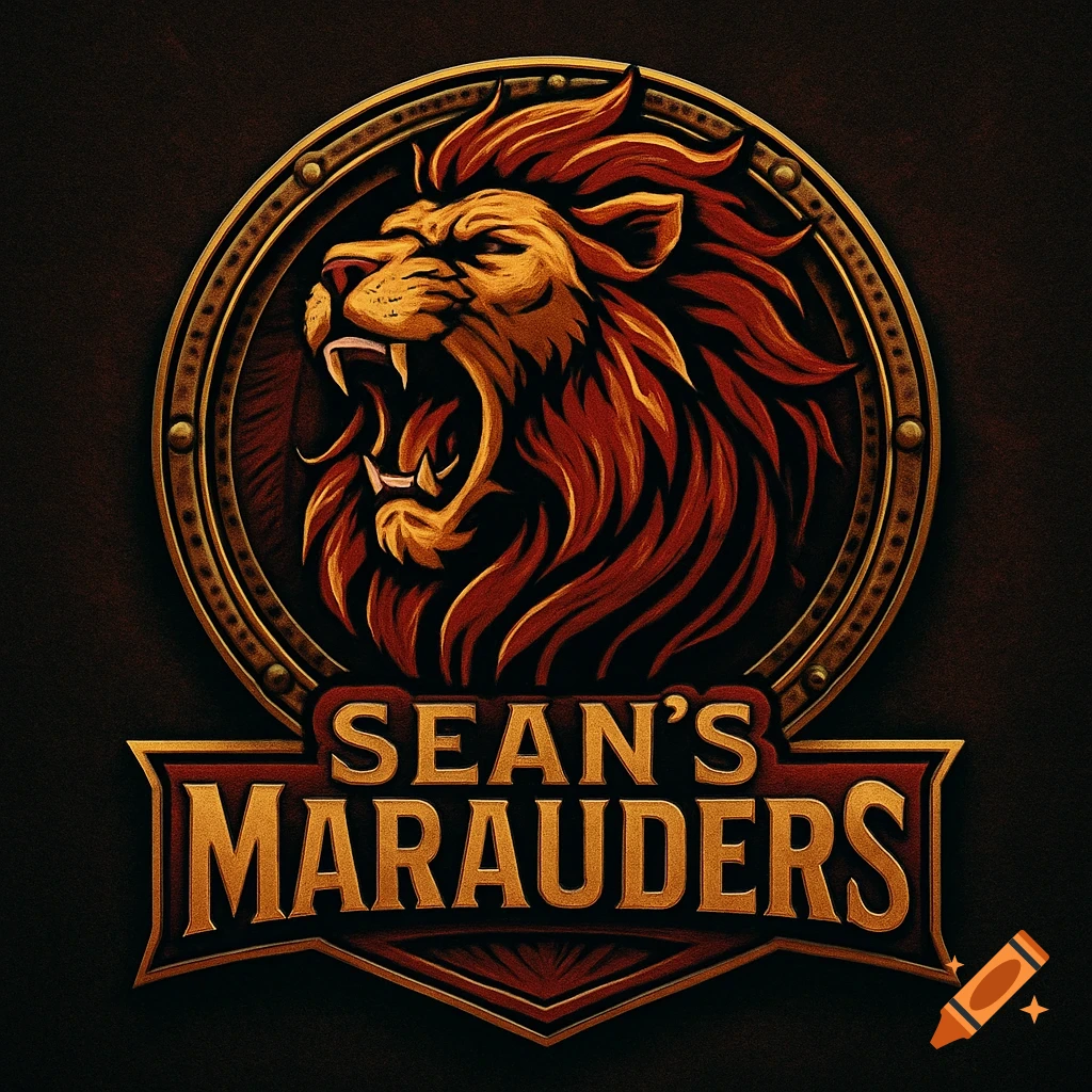 Stylized logo of a roaring lion's head in a golden and red circular crest, with 'SEAN'S MARAUDERS' text below.