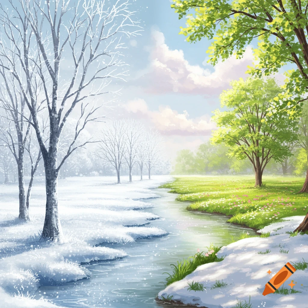 A picturesque landscape showing a clear seasonal divide, with snowy winter on the left and lush green spring on the right, separated by a winding stream.