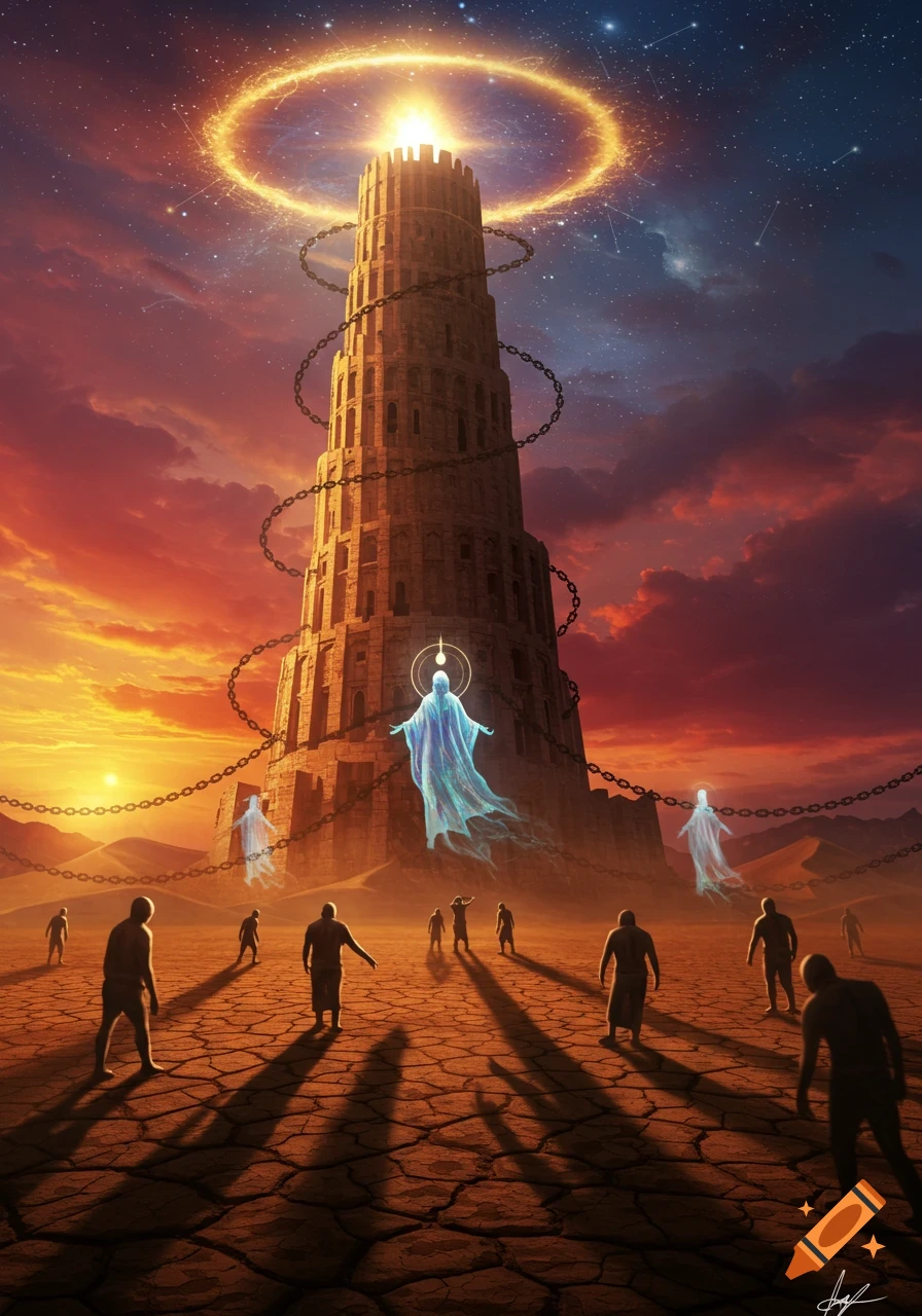 A tall, chained tower with a glowing halo and light at its peak in a cracked desert. Shadowy figures look up at ethereal beings under a dramatic sunset sky.