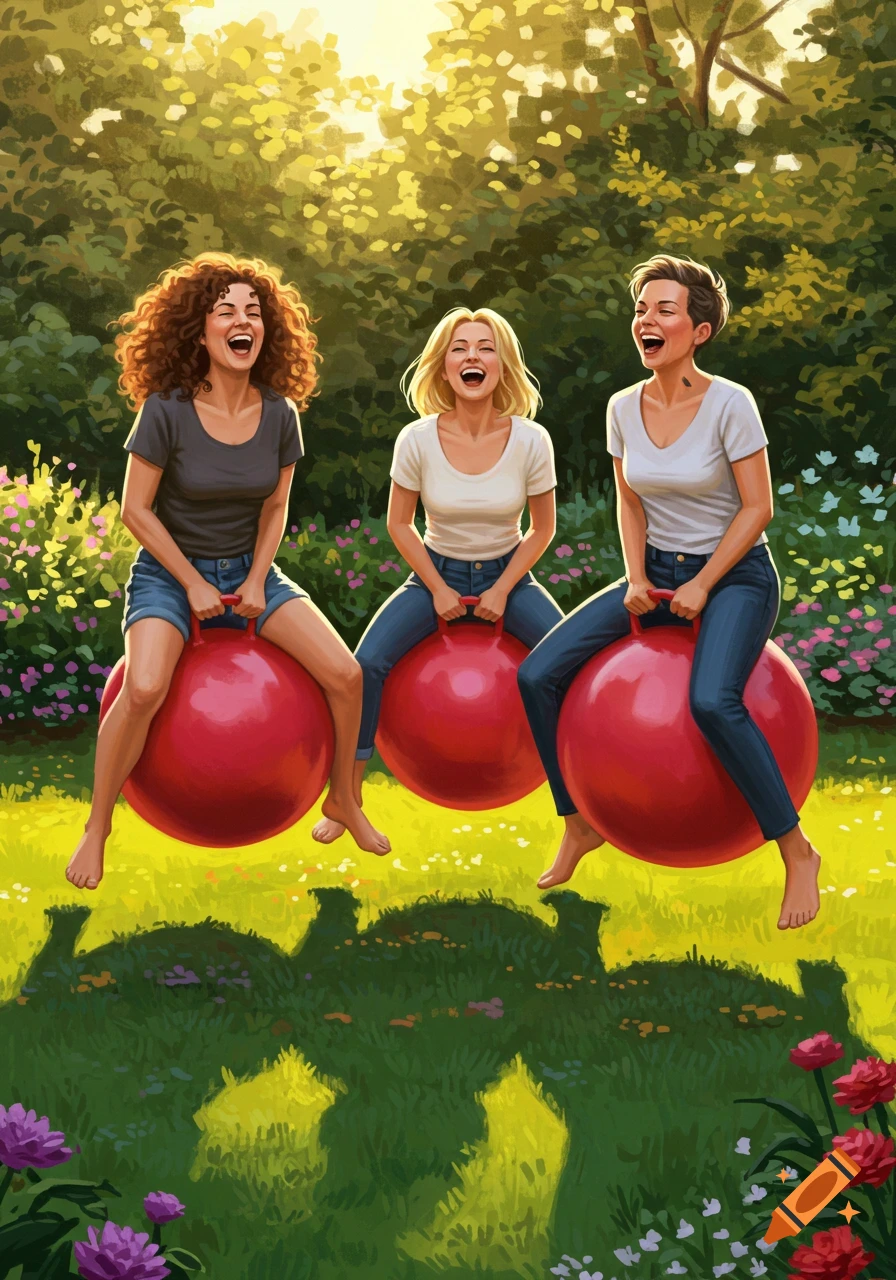 Three happy women laughing and bouncing on red hopper balls in a sunny, green garden, illustrated style.