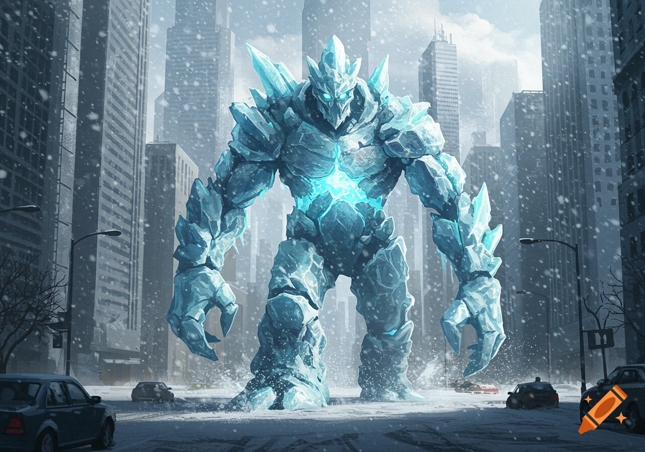 A massive, glowing blue ice golem monster stands in a snowy city street, surrounded by tall buildings and light snowfall.