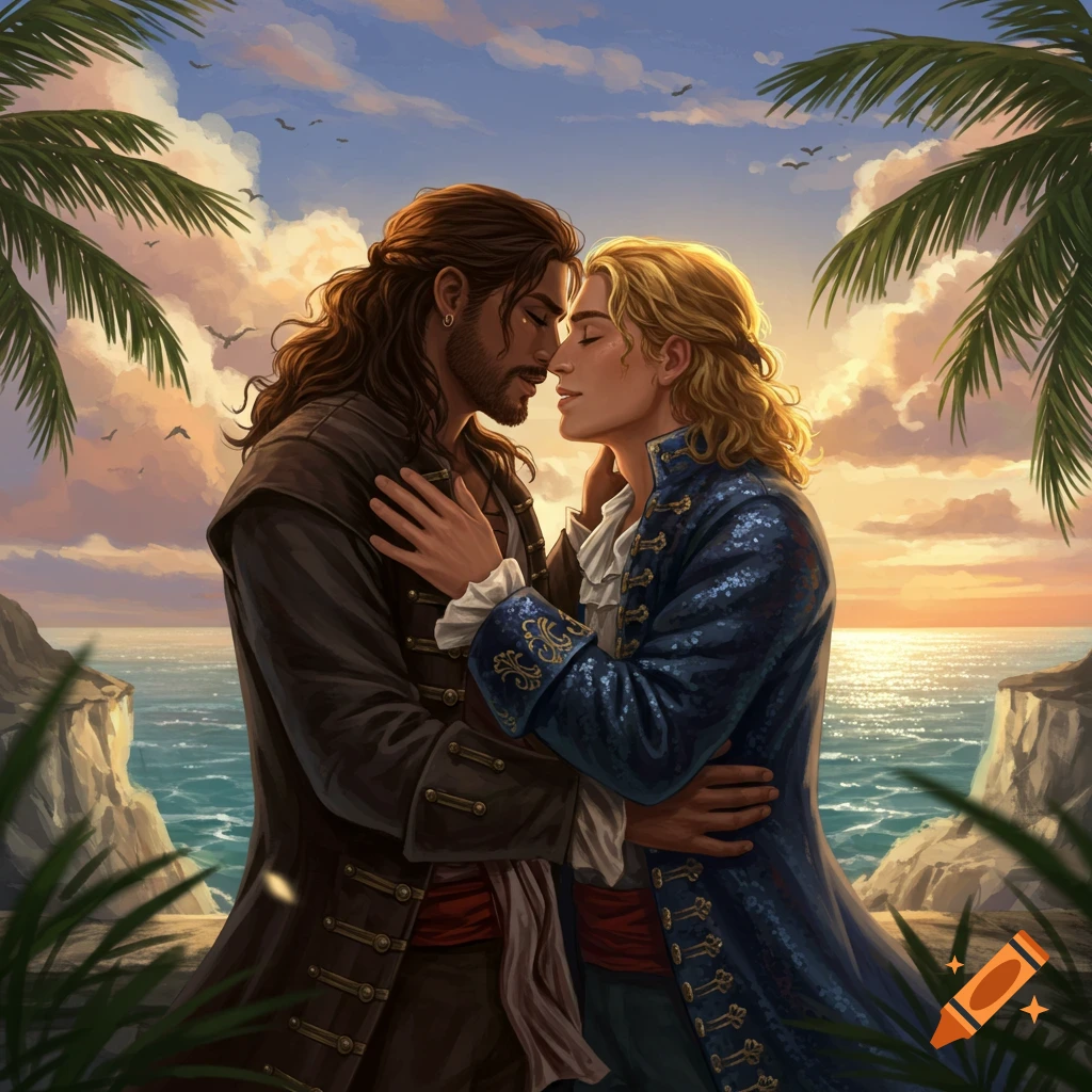 Painting of a pirate and a prince embracing intimately on a tropical beach at sunset, with palm trees and the sea.