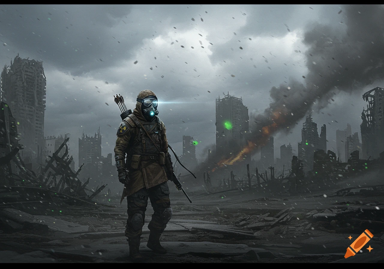 A post-apocalyptic survivor in a gas mask and arrow quiver walks through a ruined city under a stormy, ash-filled sky.