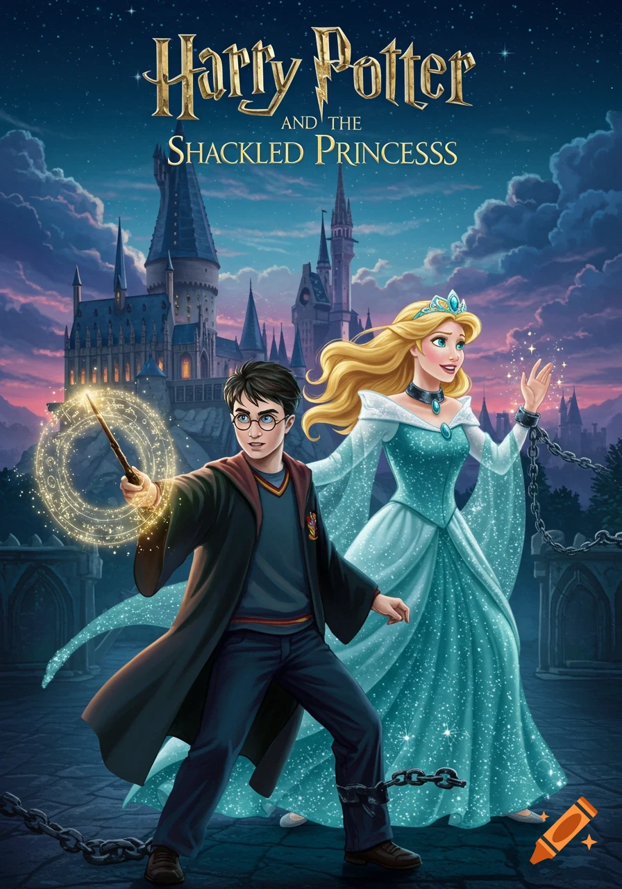 Illustrated book cover of Harry Potter casting a spell next to a shackled blonde princess with a castle in the background.