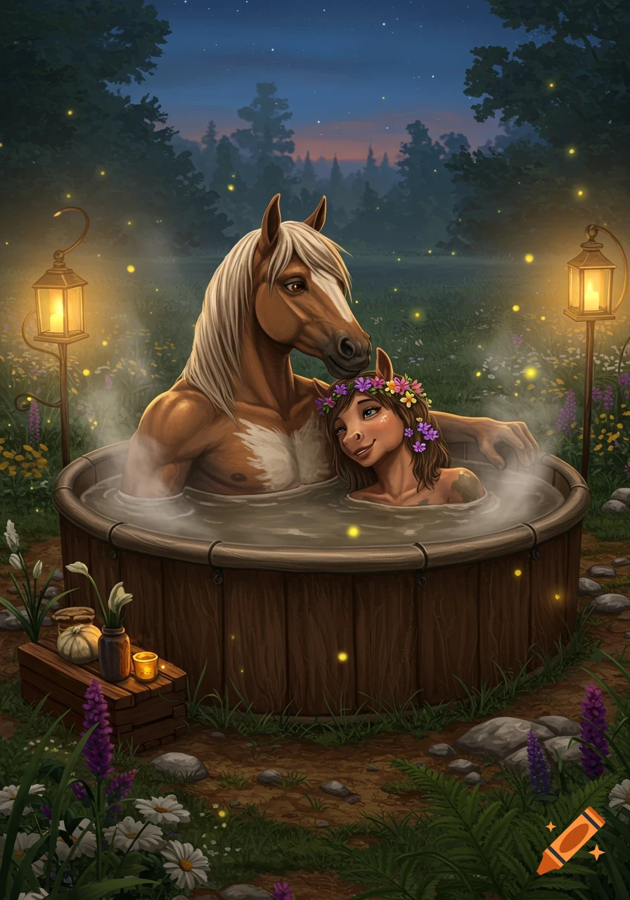 Anthropomorphic horse and a woman with horse ears relax in a steamy hot tub at night in a forest with fireflies, fantasy art.