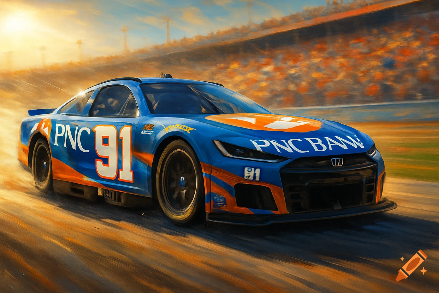 A blue and orange NASCAR race car, number 91, with PNC Bank sponsorship, speeds around a track with blurred crowds and a sunset sky in a painterly style.