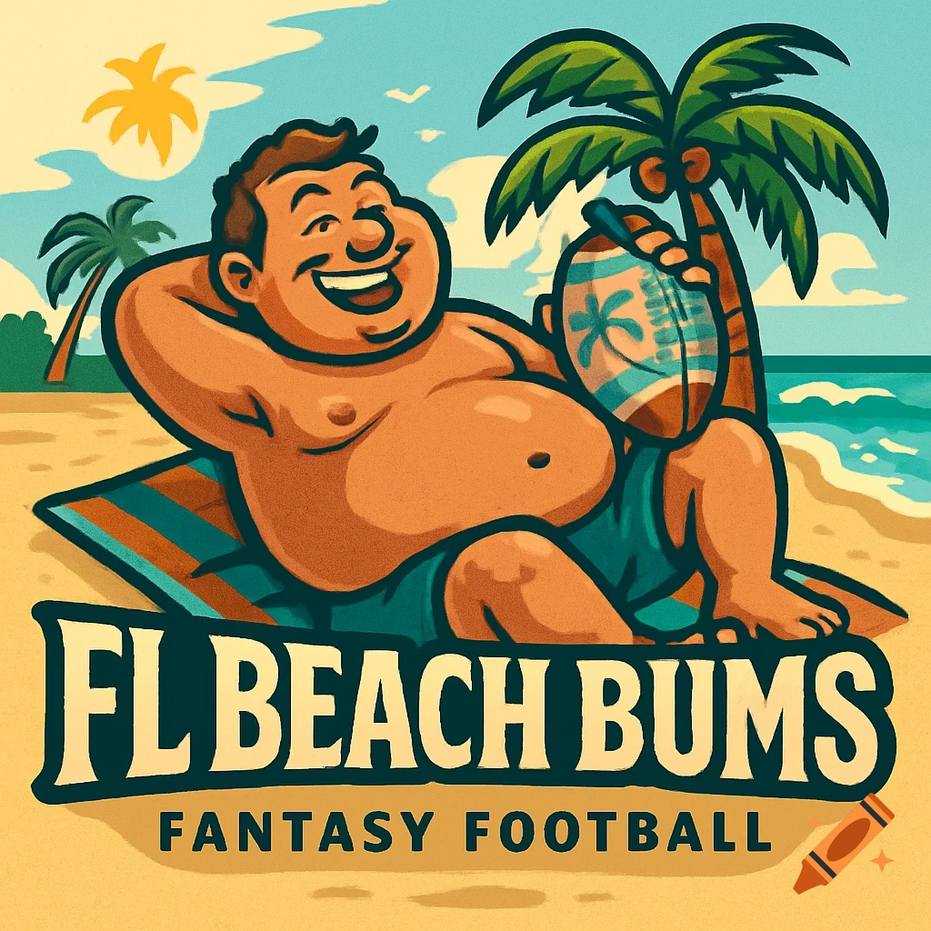Cartoon logo for 'FL Beach Bums Fantasy Football' showing a happy, fat, bare-chested man lounging on a beach with a football, under palm trees.