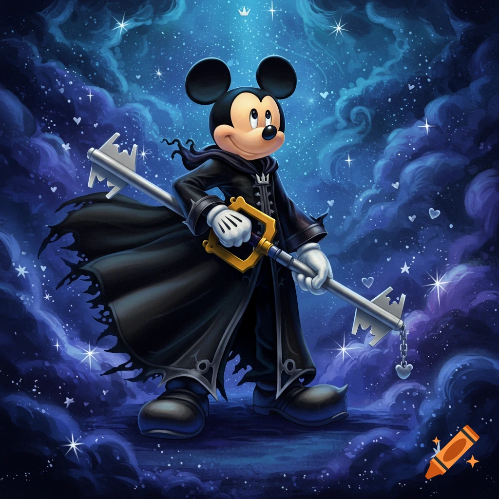 Kingdom Hearts-style Mickey Mouse in a black coat holding a Keyblade, standing under a starry night sky.