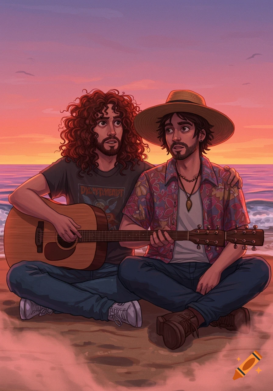 Two illustrated acoustic guitarists sit puzzled on a sandy beach at sunset.