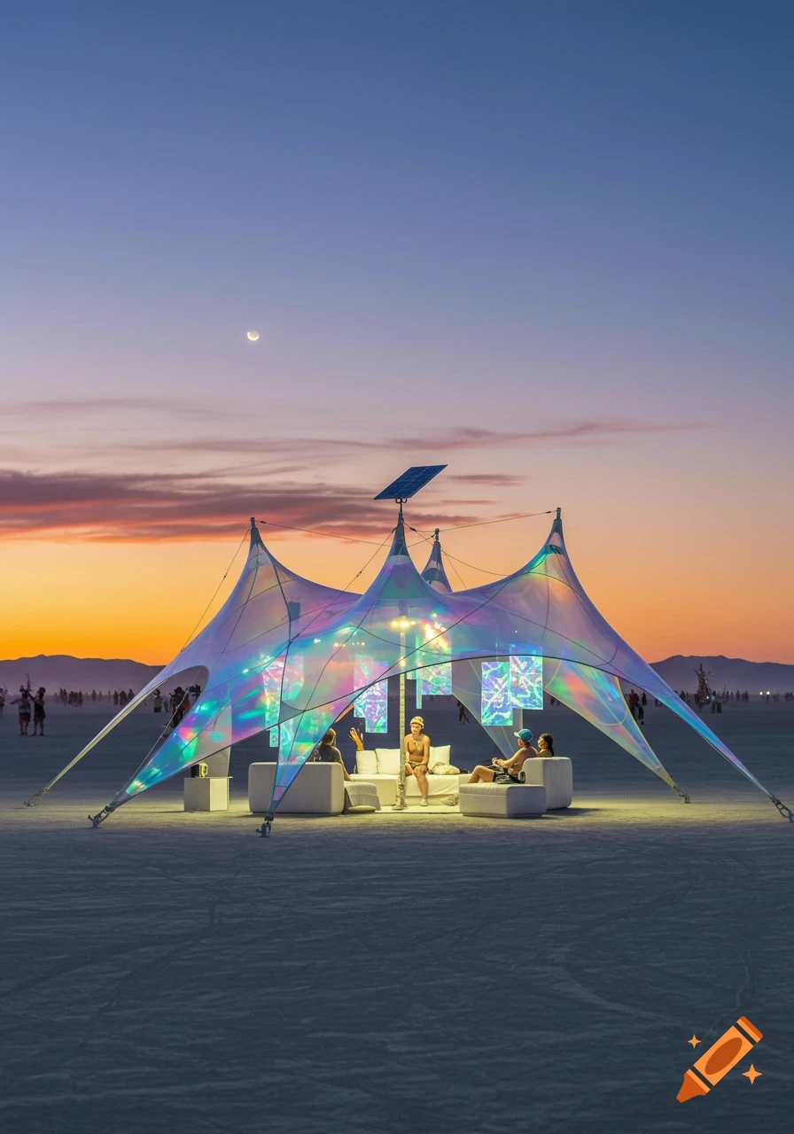 Photorealistic image of a futuristic, iridescent tent with people inside on a desert playa at sunset under a crescent moon.