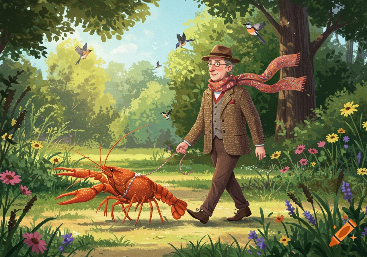 An illustrated scene of a man in a hat walking a large red crayfish on a leash through a vibrant park with flowers and birds.