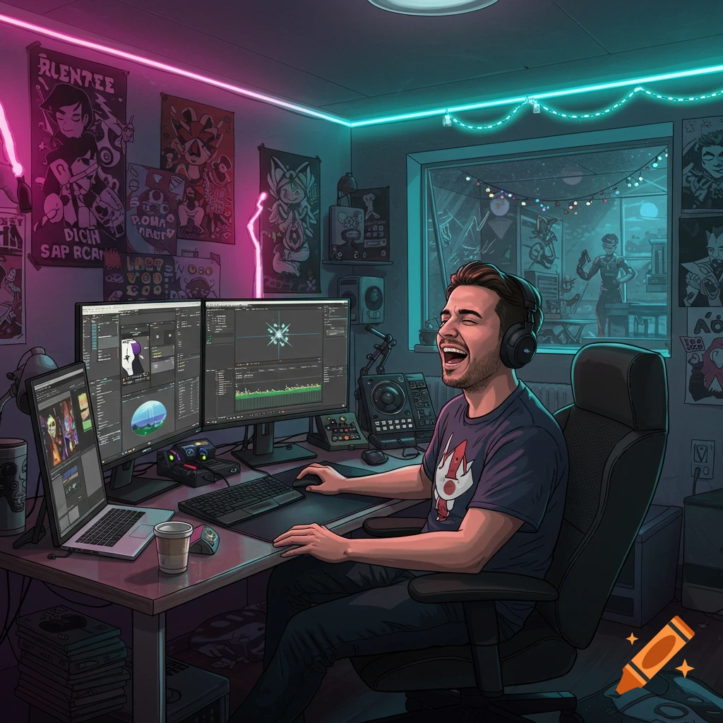 A happy cartoon man in headphones laughs while sitting at a multi-monitor computer desk in a neon-lit room.