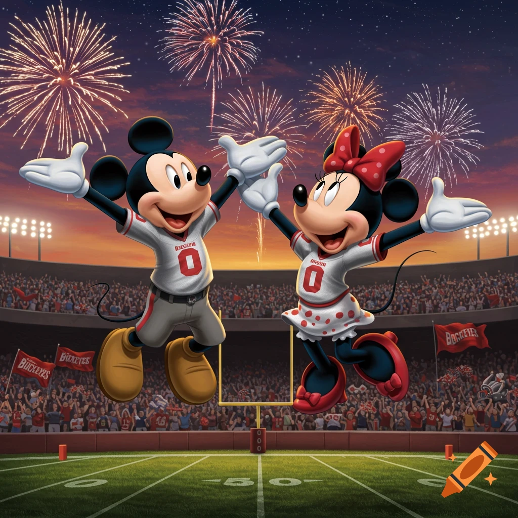 Mickey and Minnie Mouse in football uniforms jump on a stadium field with fireworks overhead, celebrating a win.