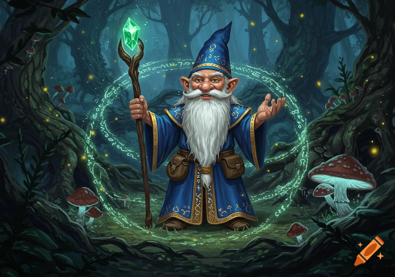 An illustration of a gnome wizard in a blue robe, holding a glowing green crystal staff in an enchanted forest with a magical aura.