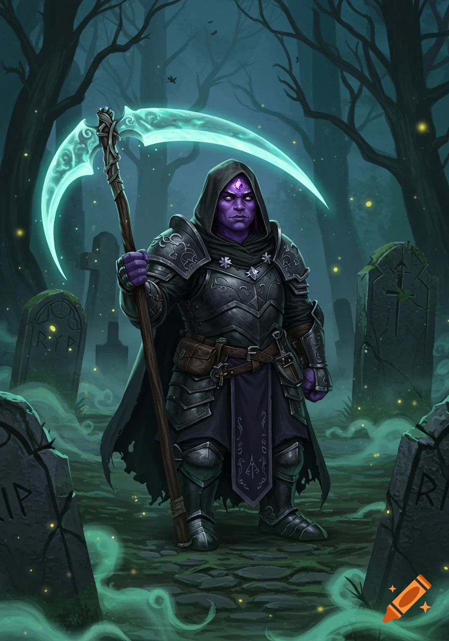 A purple-skinned halfling grave cleric in dark armor holds a glowing scythe in a misty graveyard with tombstones.