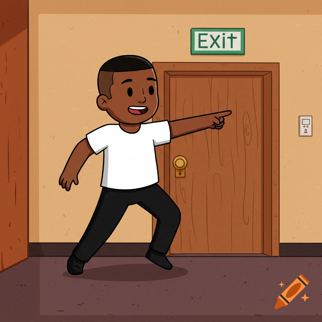 A cartoon boy with brown skin and a buzzcut, wearing a white t-shirt and black pants, points towards a brown exit door with a green 'Exit' sign above it.