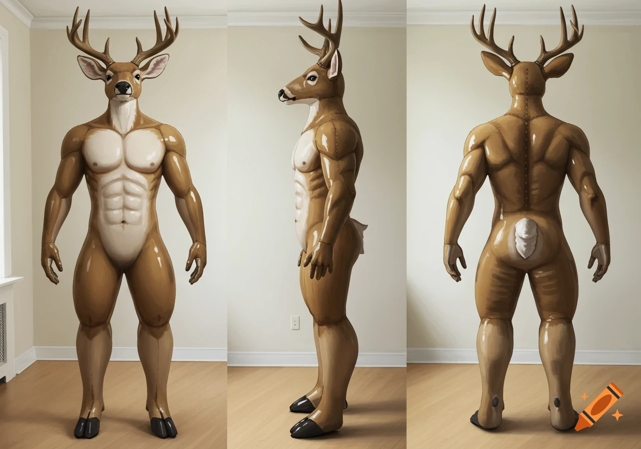 Three views of a muscular, glossy vinyl anthropomorphic mule deer buck figure with visible seams, standing in a room.