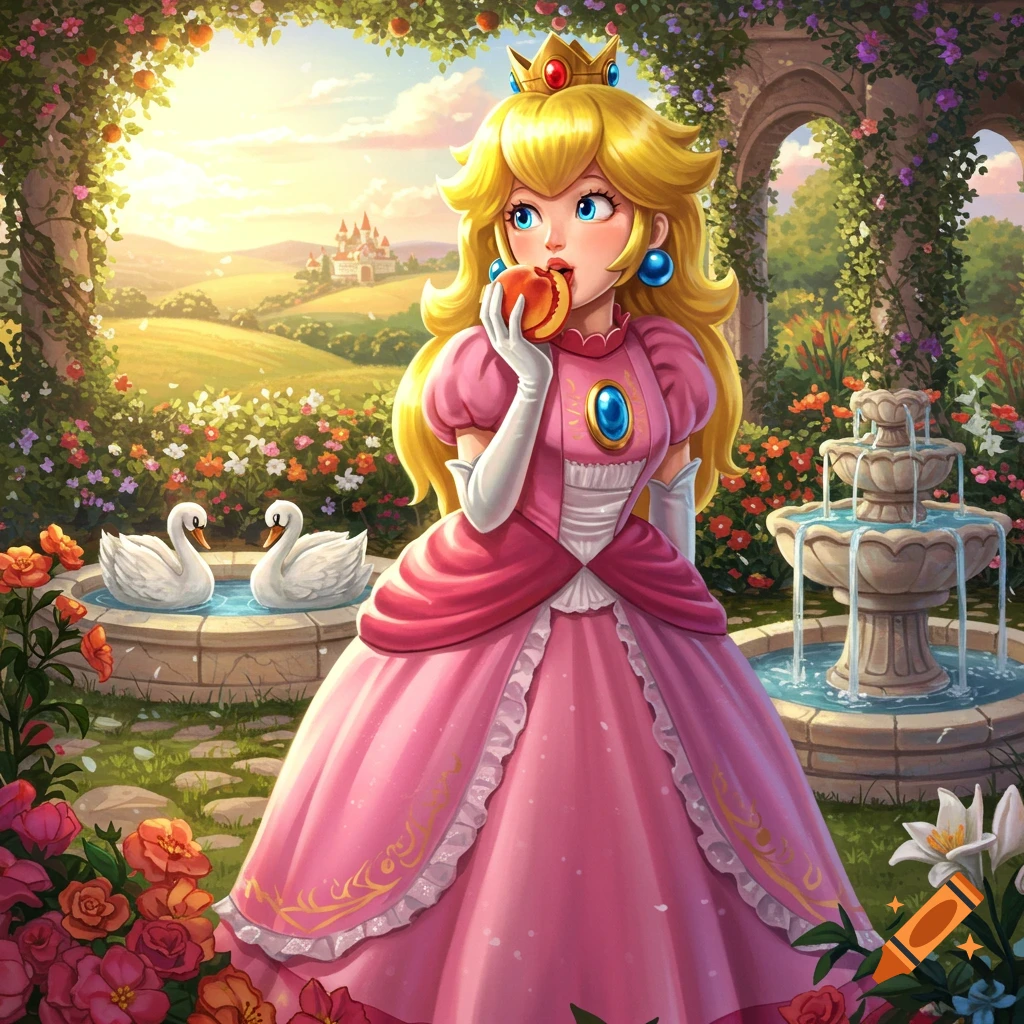 Princess Peach in a vibrant garden, eating a peach. Swans, a fountain, and a distant castle are visible.