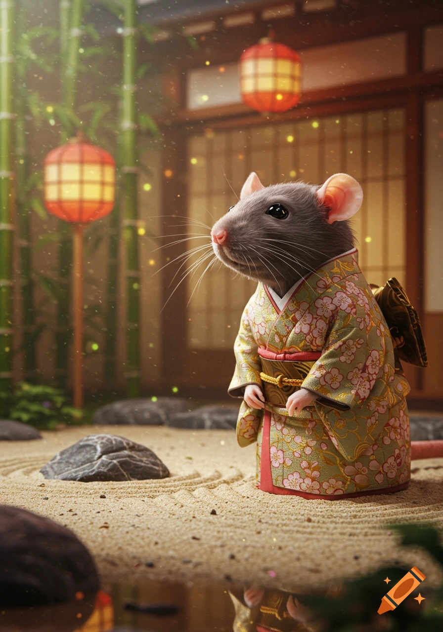 A realistic rat wearing a green floral kimono stands in a Japanese zen garden with bamboo and illuminated lanterns.
