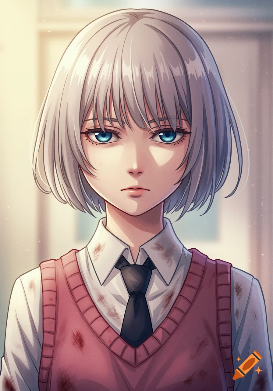 Anime portrait of an emotionless girl with short ash blonde hair and blue eyes, wearing a grimy white shirt, black tie, and pink jumper.