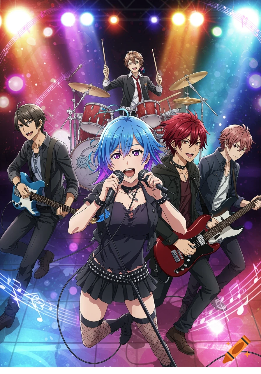 An anime rock band with a blue-haired female vocalist and four male members playing guitars and drums on a brightly lit stage.