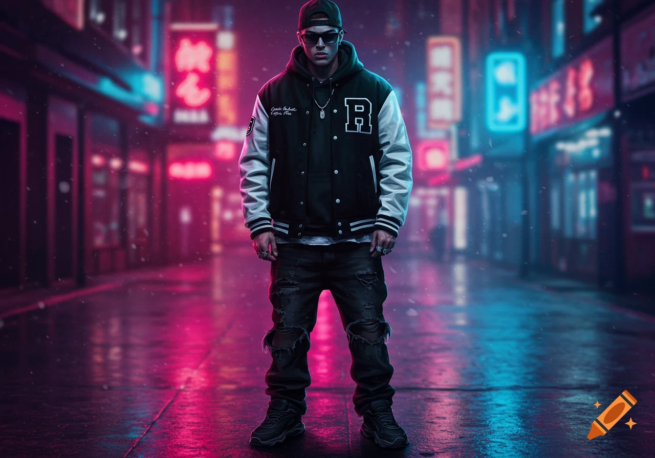A man in a black and white varsity jacket, hoodie, ripped jeans, and sunglasses stands on a neon-lit urban street.