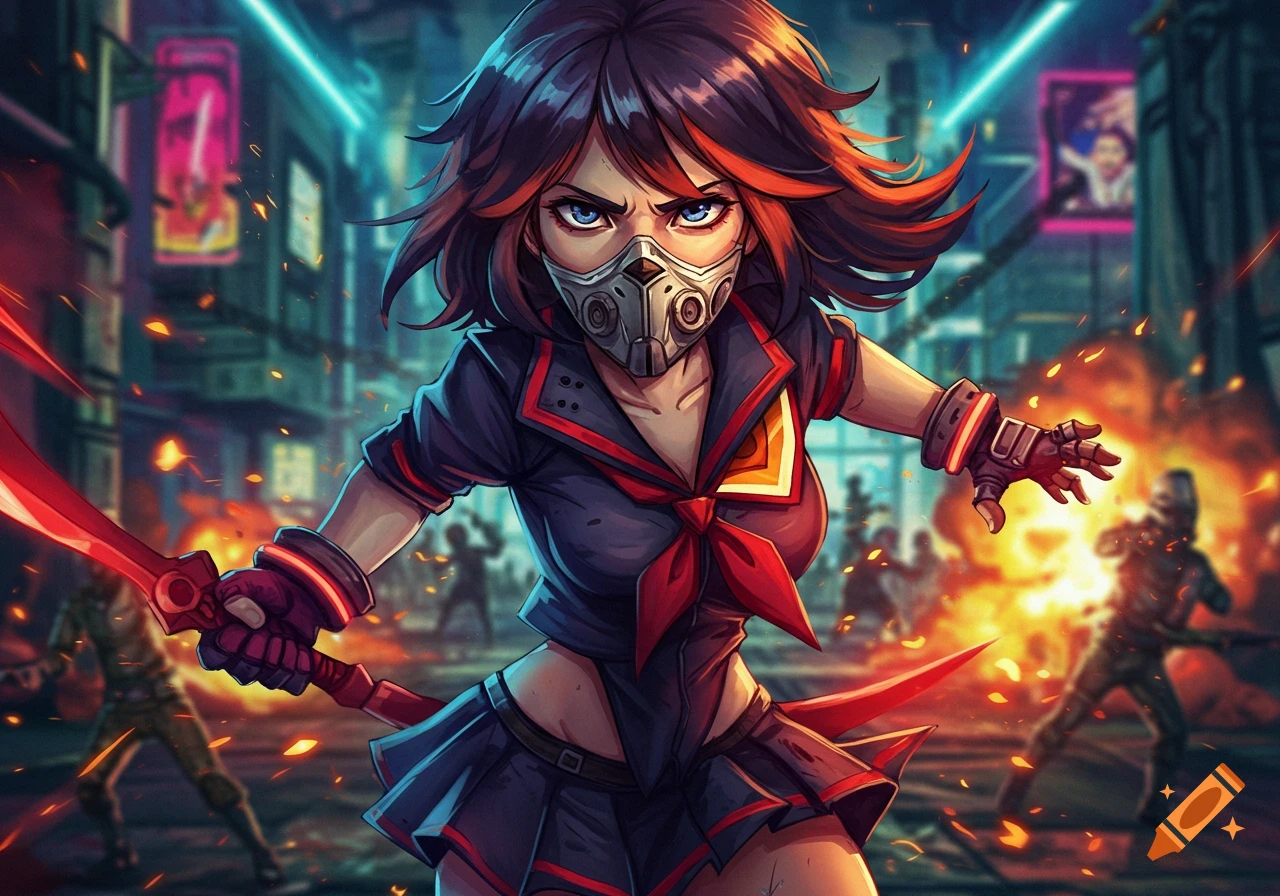 An anime-style character with a mask and red-tipped hair wields two red blades in a vibrant, fiery cyberpunk city street.