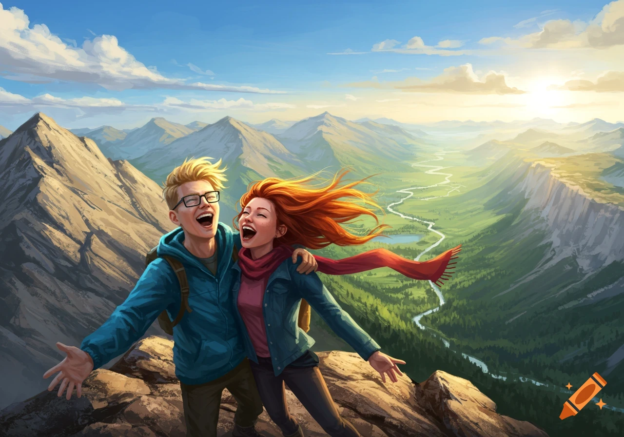 A blonde man and a red-haired woman joyfully laugh at a mountain peak overlooking a vast green valley, illustration.