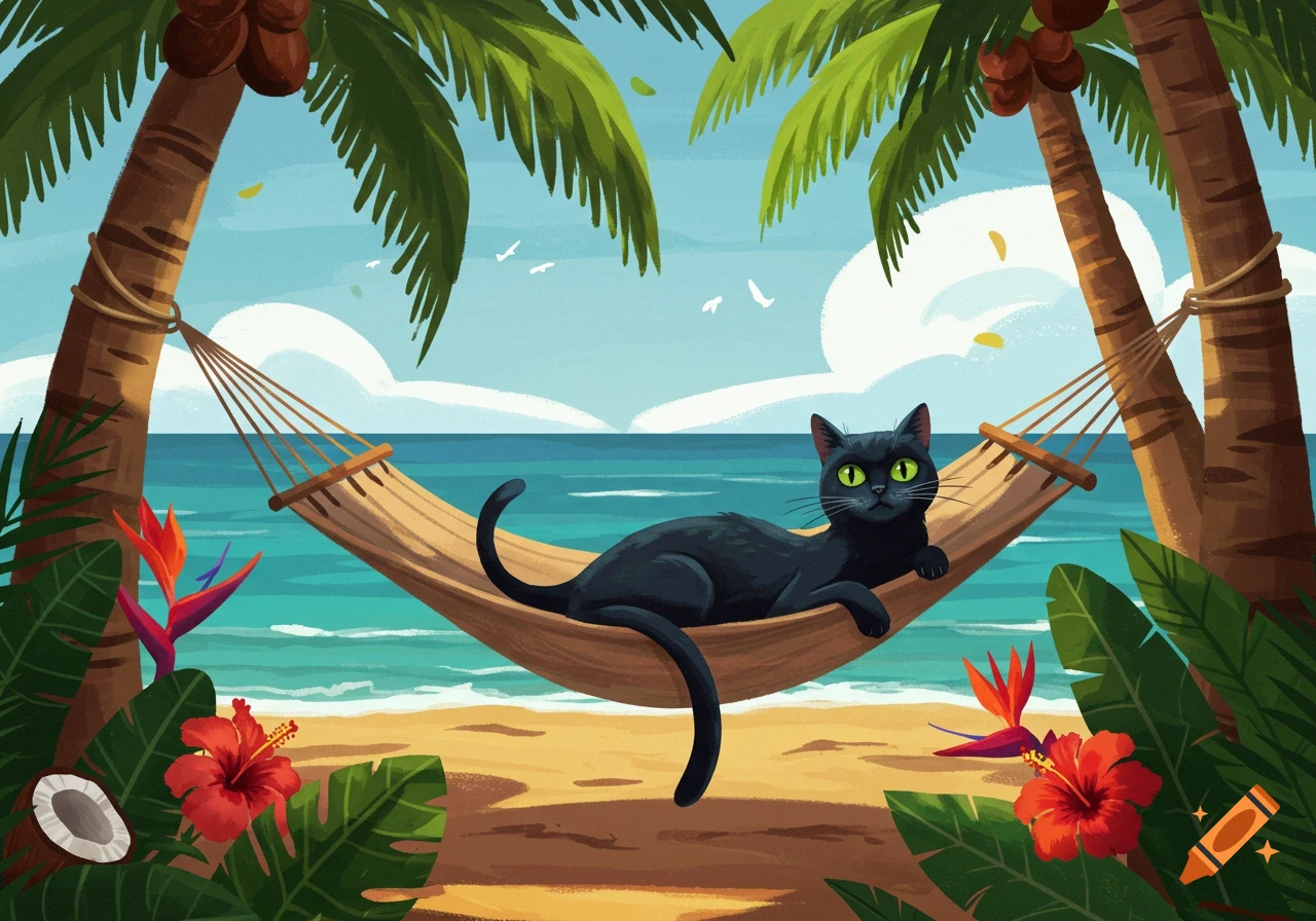 Stylized illustration of a black cat with green eyes relaxing in a hammock on a sunny tropical beach with palm trees.